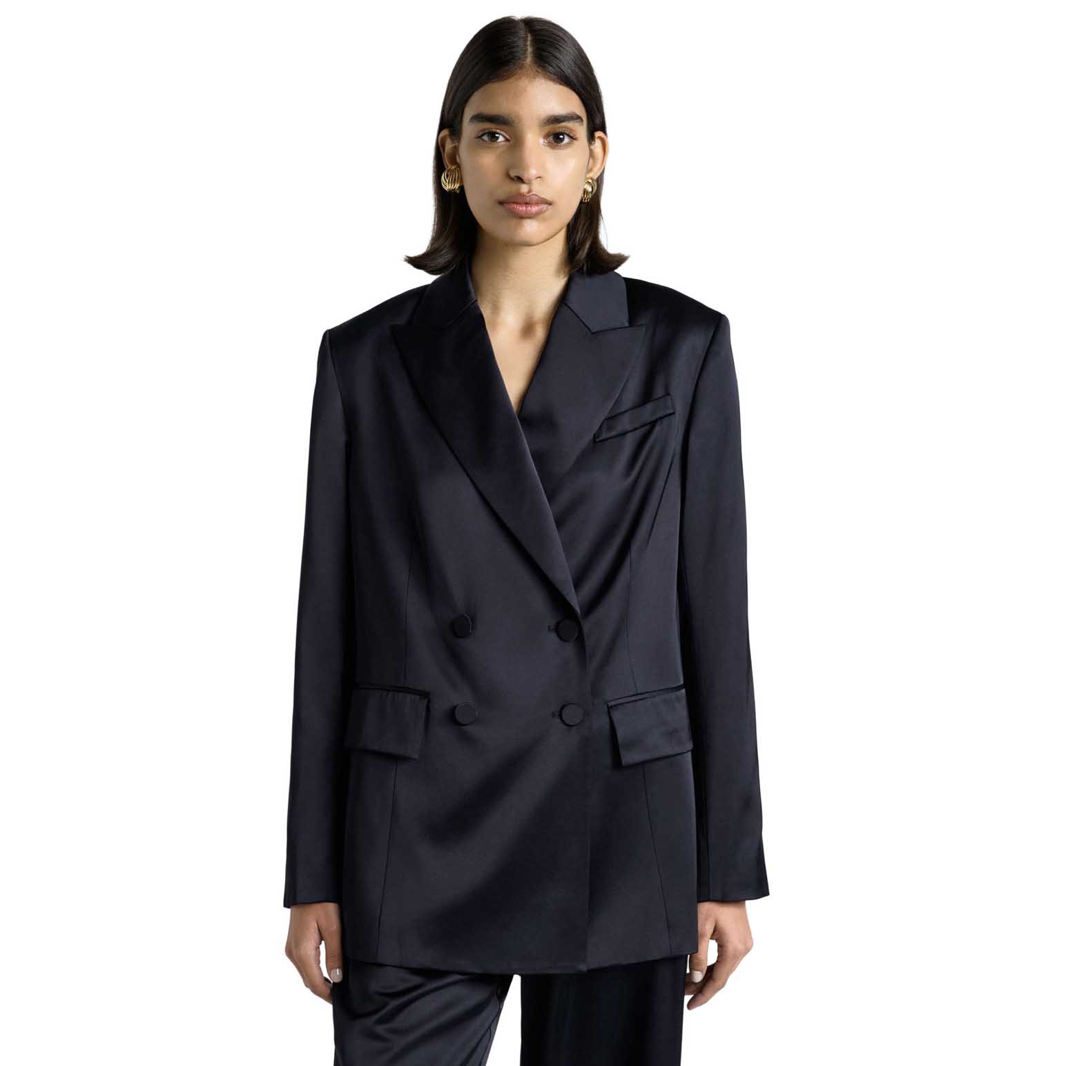 Cue Dark Ink Matte Satin Viscose Double Breasted Blazer